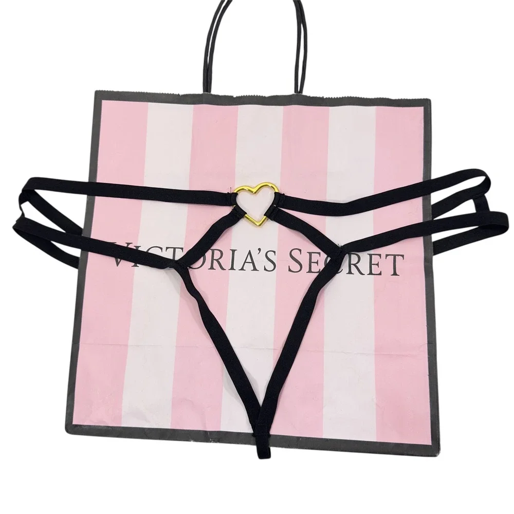 New Victoria's Secret‎ Very Sexy Strappy Heart Thong Panty Black Gold Small